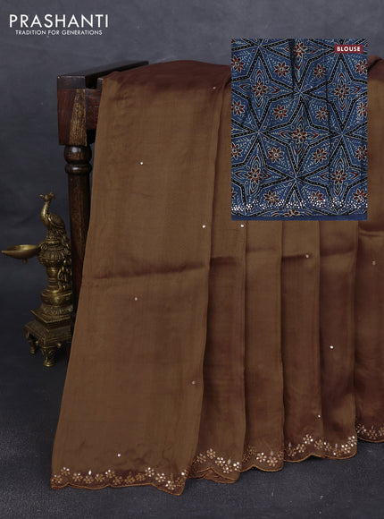 Satin organza silk saree brown and indigo blue with mirror embroidery work and ajrakh printed blouse