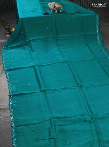 Satin organza silk saree teal green shade and mustard yellow with mirror embroidery work and ajrakh printed blouse