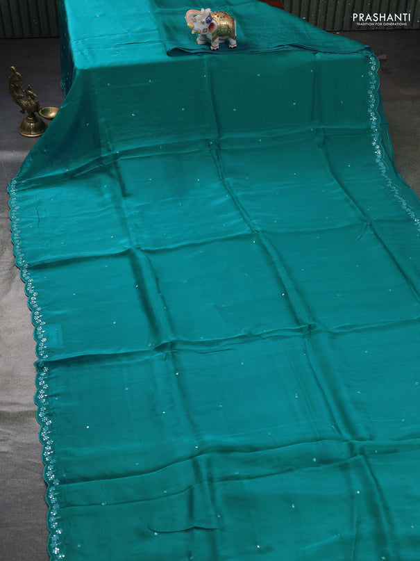 Satin organza silk saree teal green shade and mustard yellow with mirror embroidery work and ajrakh printed blouse