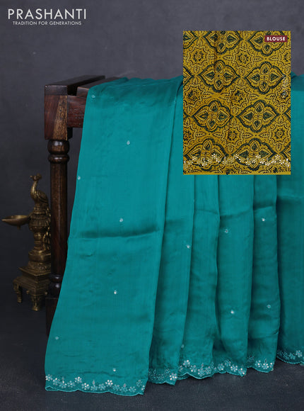 Satin organza silk saree teal green shade and mustard yellow with mirror embroidery work and ajrakh printed blouse