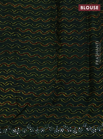 Satin organza silk saree beige and bottle green with mirror embroidery work and ajrakh printed blouse