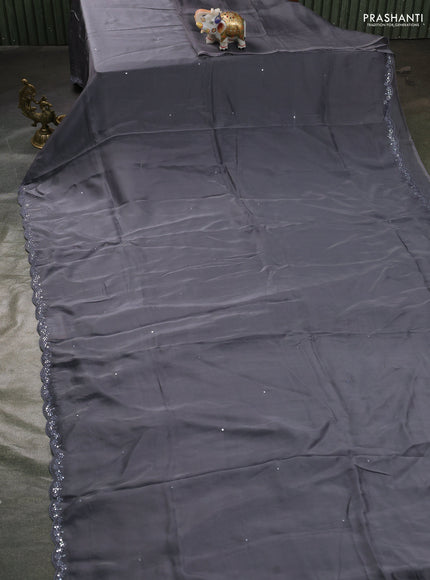 Satin organza silk saree grey and black with mirror embroidery work and ajrakh printed blouse