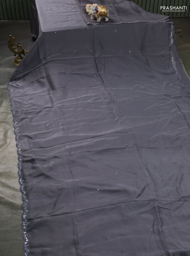 Satin organza silk saree grey and black with mirror embroidery work and ajrakh printed blouse