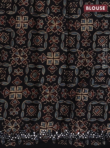 Satin organza silk saree grey and black with mirror embroidery work and ajrakh printed blouse