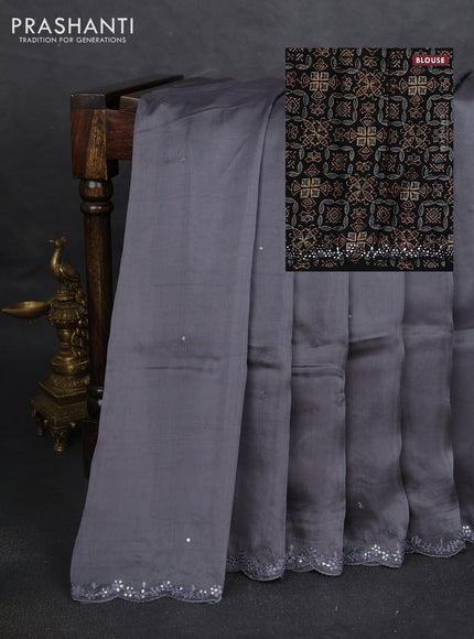 Satin organza silk saree grey and black with mirror embroidery work and ajrakh printed blouse