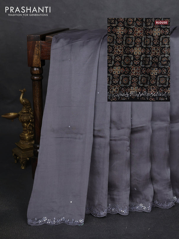Satin organza silk saree grey and black with mirror embroidery work and ajrakh printed blouse
