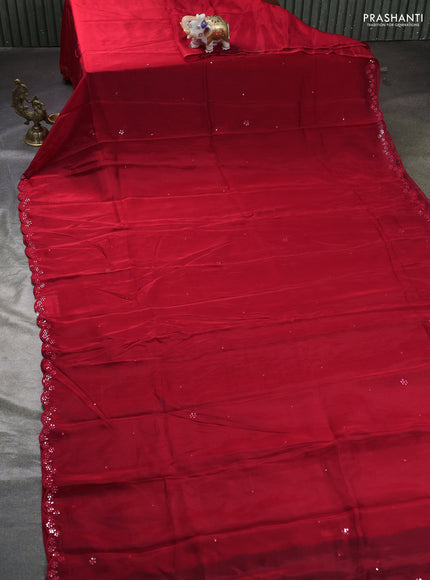 Satin organza silk saree red and indigo blue with mirror embroidery work and ajrakh printed blouse