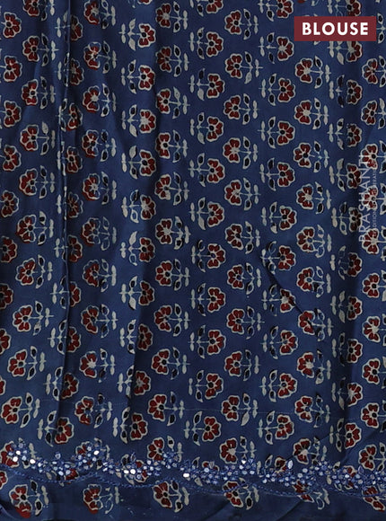 Satin organza silk saree red and indigo blue with mirror embroidery work and ajrakh printed blouse