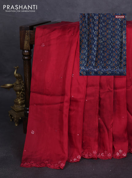 Satin organza silk saree red and indigo blue with mirror embroidery work and ajrakh printed blouse