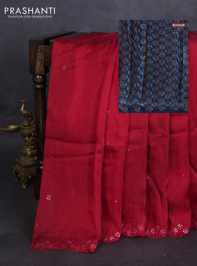 Satin organza silk saree red and indigo blue with mirror embroidery work and ajrakh printed blouse