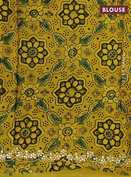 Satin organza silk saree green and mustard yellow with mirror embroidery work and ajrakh printed blouse