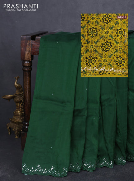 Satin organza silk saree green and mustard yellow with mirror embroidery work and ajrakh printed blouse