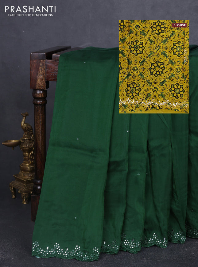 Satin organza silk saree green and mustard yellow with mirror embroidery work and ajrakh printed blouse