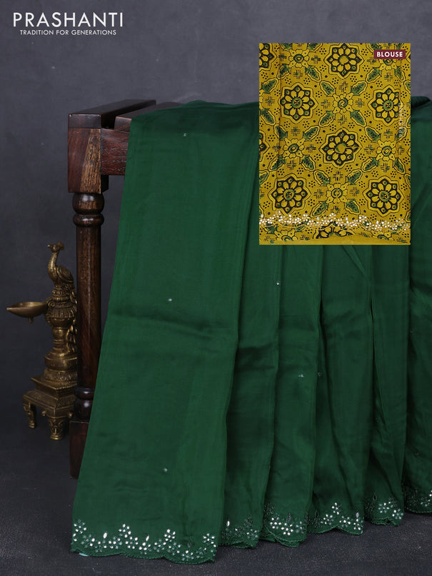 Satin organza silk saree green and mustard yellow with mirror embroidery work and ajrakh printed blouse