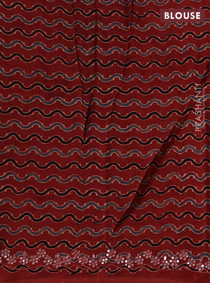 Satin organza silk saree mustard yellow and maroon with mirror embroidery work and ajrakh printed blouse