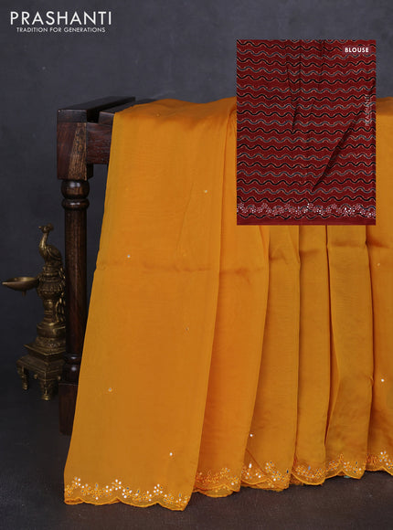Satin organza silk saree mustard yellow and maroon with mirror embroidery work and ajrakh printed blouse