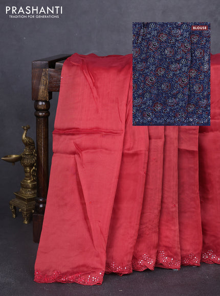 Satin organza silk saree rust shade and peacock blue with mirror embroidery work and ajrakh printed blouse