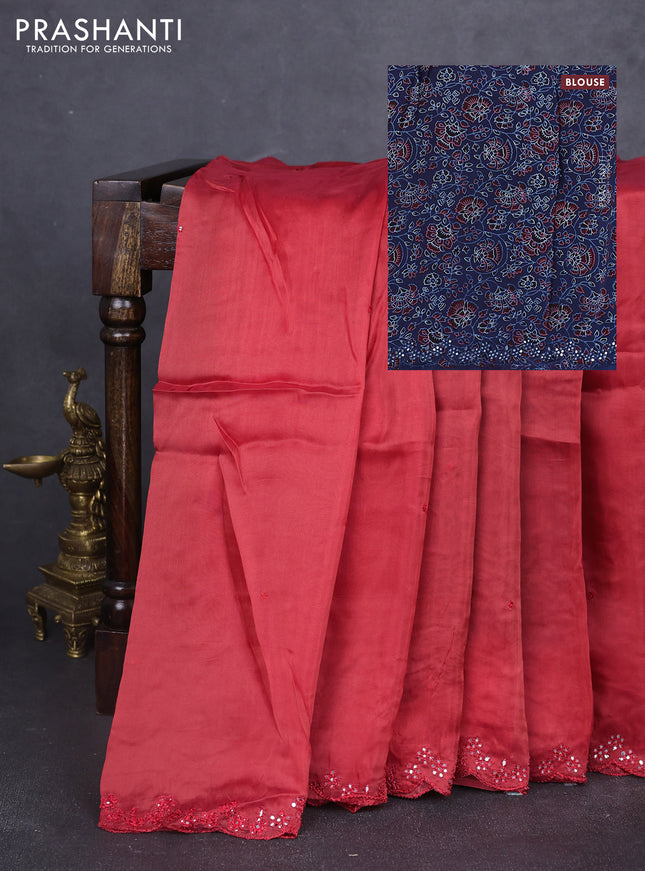 Satin organza silk saree rust shade and peacock blue with mirror embroidery work and ajrakh printed blouse