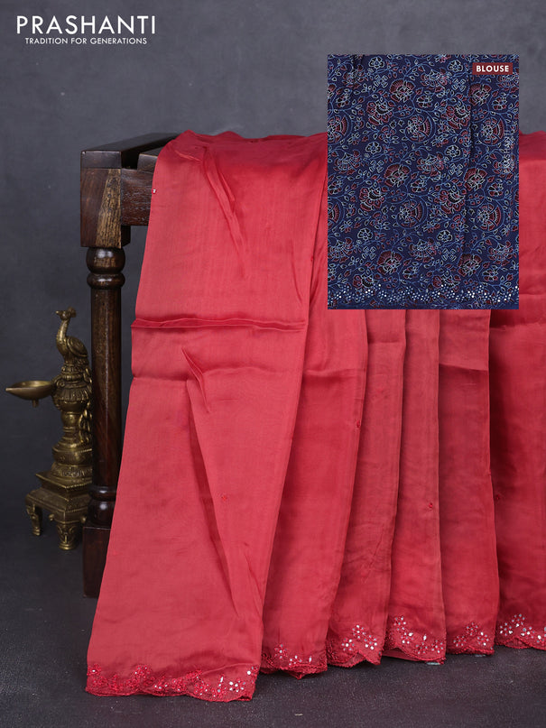 Satin organza silk saree rust shade and peacock blue with mirror embroidery work and ajrakh printed blouse