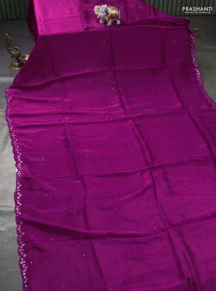 Satin organza silk saree purple and sap green with mirror embroidery work and ajrakh printed blouse