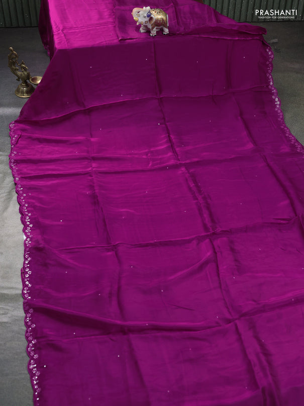 Satin organza silk saree purple and sap green with mirror embroidery work and ajrakh printed blouse