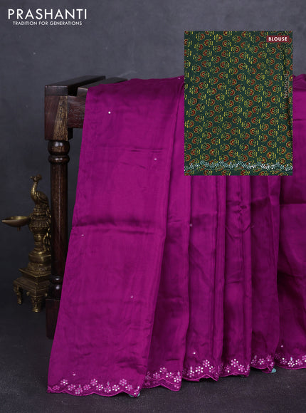 Satin organza silk saree purple and sap green with mirror embroidery work and ajrakh printed blouse