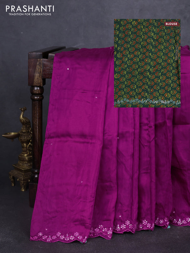 Satin organza silk saree purple and sap green with mirror embroidery work and ajrakh printed blouse