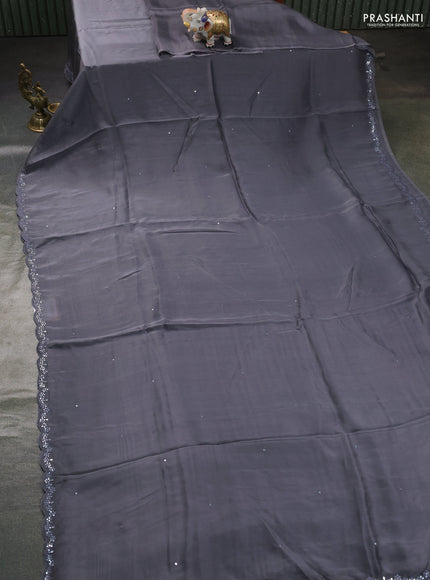Satin organza silk saree grey and indigo blue with mirror embroidery work and ajrakh printed blouse