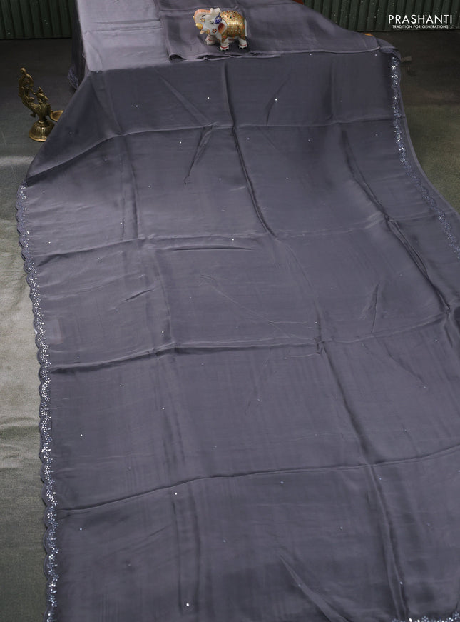 Satin organza silk saree grey and indigo blue with mirror embroidery work and ajrakh printed blouse