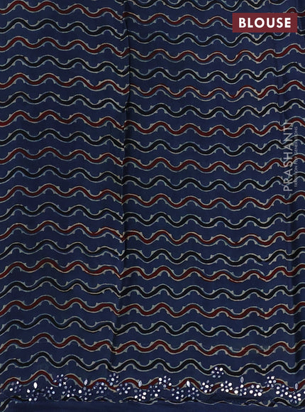 Satin organza silk saree grey and indigo blue with mirror embroidery work and ajrakh printed blouse