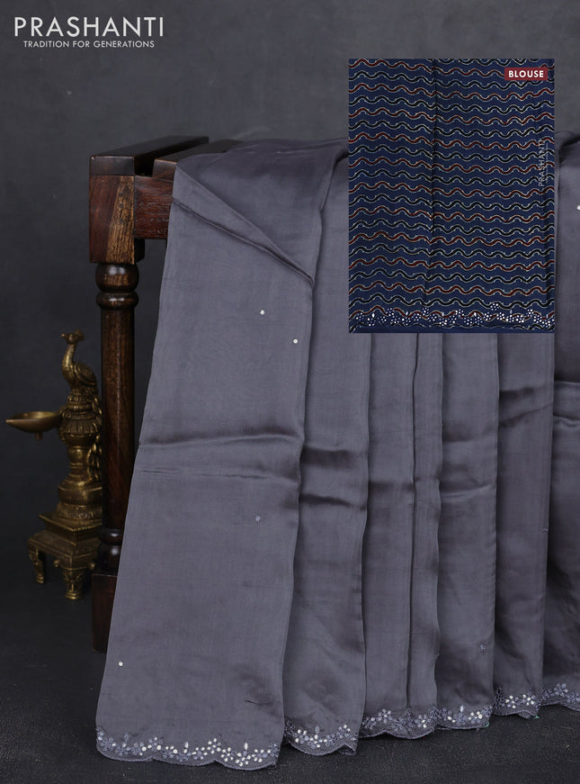 Satin organza silk saree grey and indigo blue with mirror embroidery work and ajrakh printed blouse