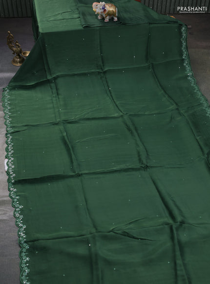 Satin organza silk saree green and mustard yellow with mirror embroidery work and ajrakh printed blouse