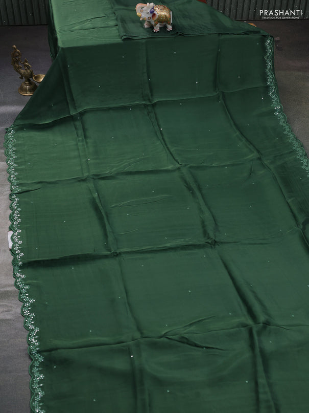 Satin organza silk saree green and mustard yellow with mirror embroidery work and ajrakh printed blouse