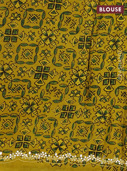 Satin organza silk saree green and mustard yellow with mirror embroidery work and ajrakh printed blouse