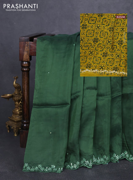 Satin organza silk saree green and mustard yellow with mirror embroidery work and ajrakh printed blouse
