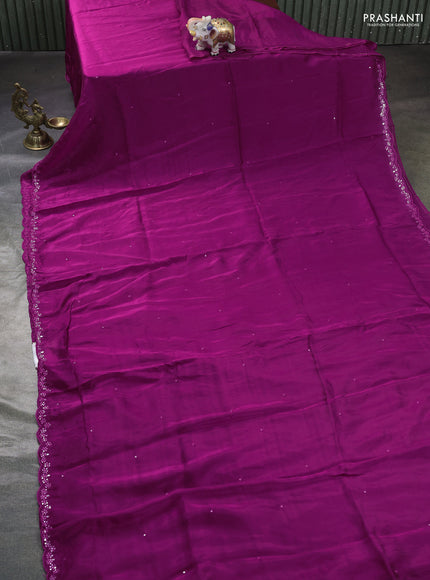 Satin organza silk saree purple and sap green with mirror embroidery work and ajrakh printed blouse