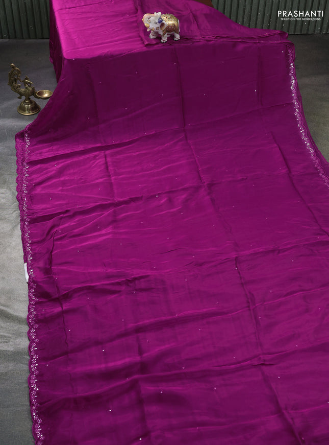 Satin organza silk saree purple and sap green with mirror embroidery work and ajrakh printed blouse