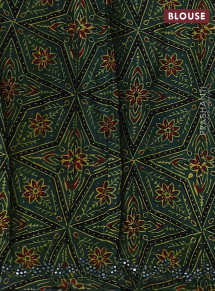 Satin organza silk saree purple and sap green with mirror embroidery work and ajrakh printed blouse