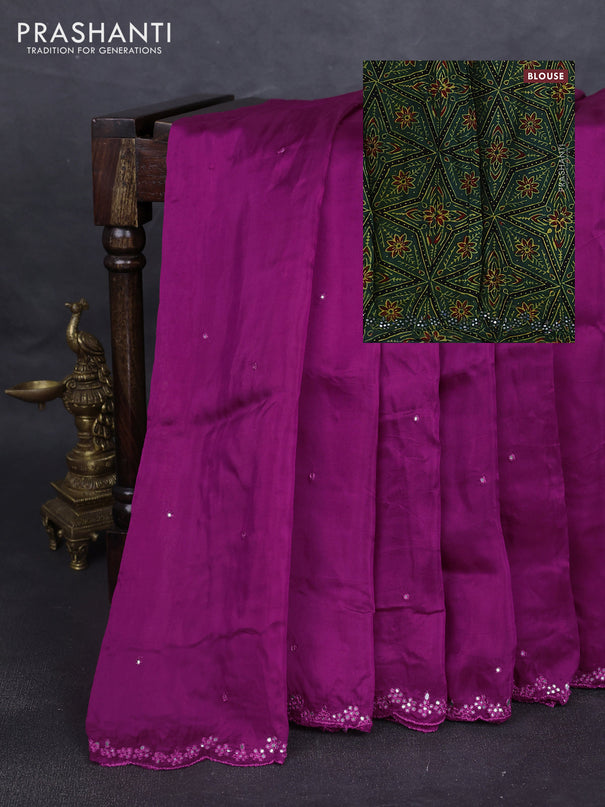 Satin organza silk saree purple and sap green with mirror embroidery work and ajrakh printed blouse