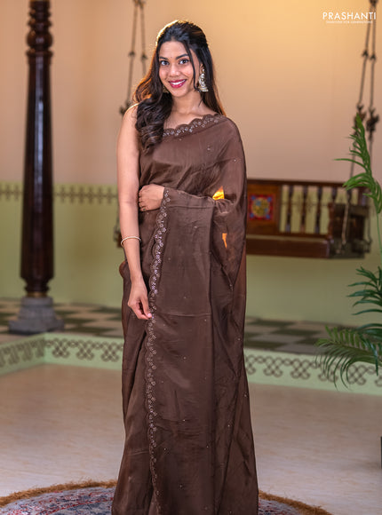 Satin organza silk saree brown and indigo blue with mirror embroidery work and ajrakh printed blouse