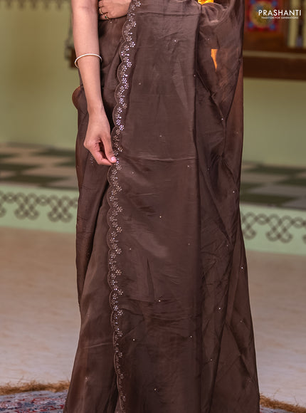 Satin organza silk saree brown and indigo blue with mirror embroidery work and ajrakh printed blouse