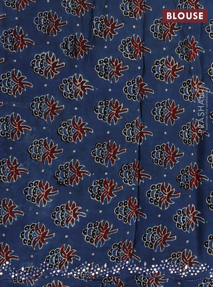 Satin organza silk saree brown and indigo blue with mirror embroidery work and ajrakh printed blouse
