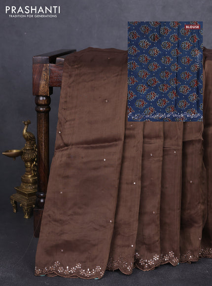 Satin organza silk saree brown and indigo blue with mirror embroidery work and ajrakh printed blouse