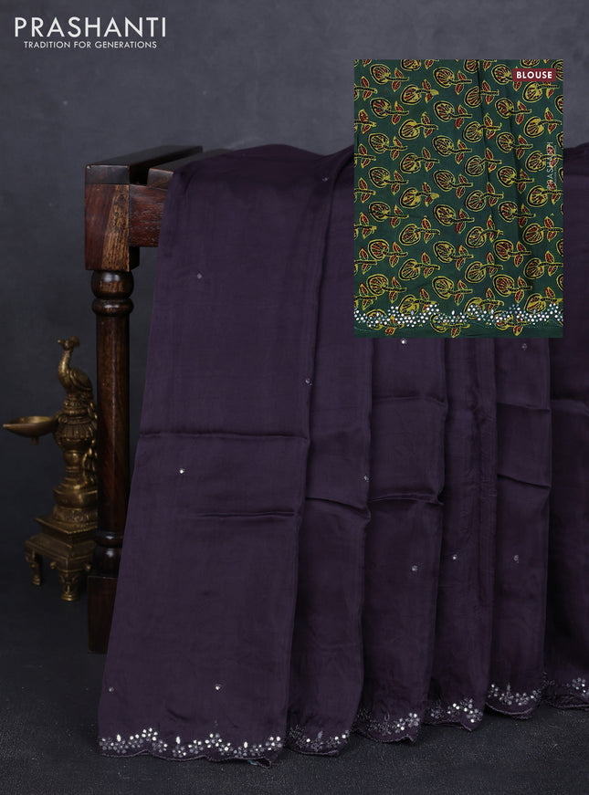 Satin organza silk saree jamun shade and green with mirror embroidery work and ajrakh printed blouse