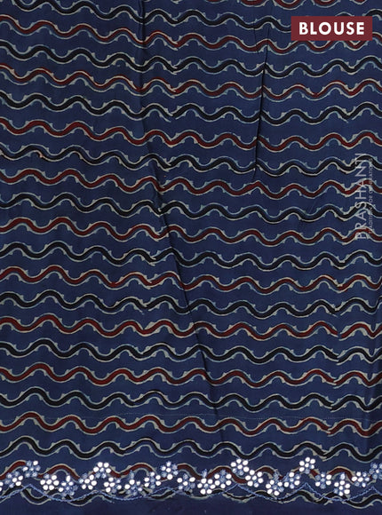 Satin organza silk saree rust shade and indigo blue with mirror embroidery work and ajrakh printed blouse