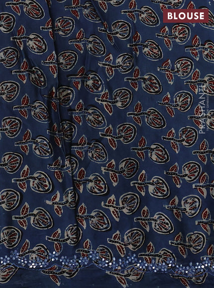 Satin organza silk saree beige and indigo blue with mirror embroidery work and ajrakh printed blouse