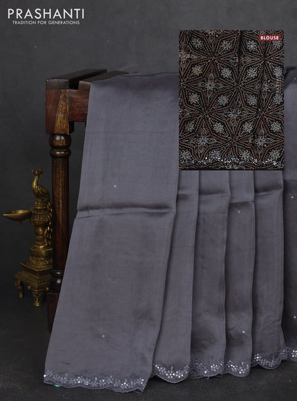 Satin organza silk saree grey and black with mirror embroidery work and ajrakh printed blouse
