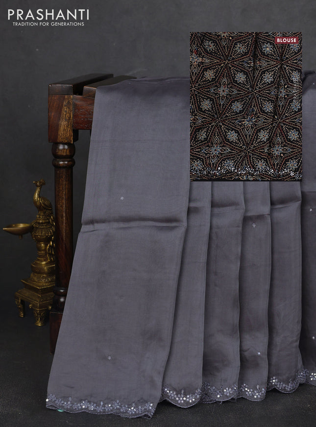 Satin organza silk saree grey and black with mirror embroidery work and ajrakh printed blouse