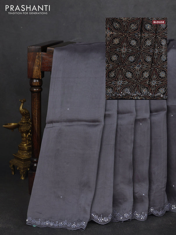 Satin organza silk saree grey and black with mirror embroidery work and ajrakh printed blouse