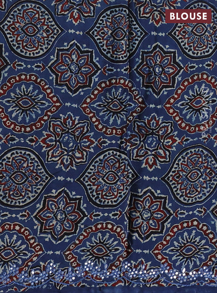 Satin organza silk saree brown and indigo blue with mirror embroidery work and ajrakh printed blouse